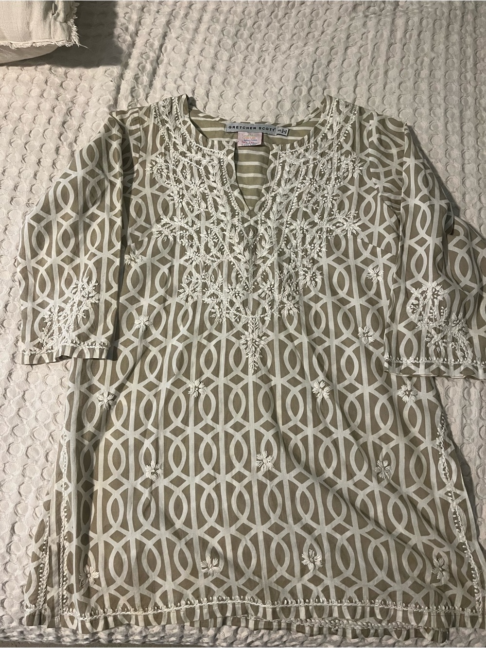 Gretchen Scott Designs tan & White Embroidered Geometric Tunic